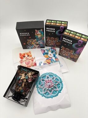 3 Wooden Puzzle Set Cat & Lotus Mandala Complete